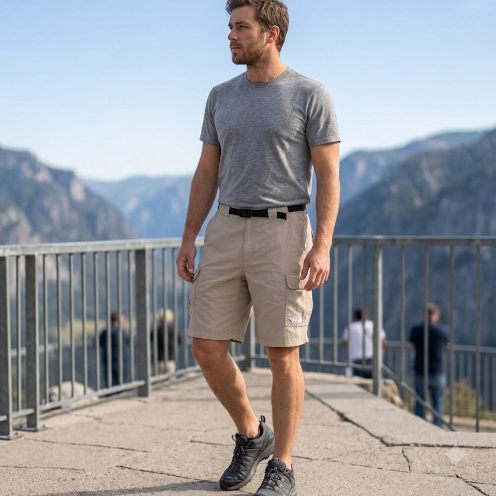 The North Face Beige Nylon Belted Cargo Shorts Outdoor Hiking Men's Size L